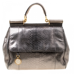 Pre Owned Dolce & Gabbana Metallic Gun Metal Python Embossed Leather Large Miss Sicily Top Handle Bag