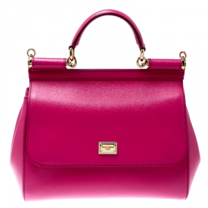 Pre Owned Dolce and Gabbana Hot Pink Leather Medium Miss Sicily Top Handle Bag