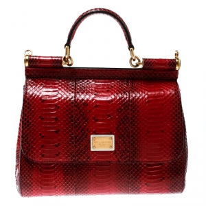 Pre Owned Dolce and Gabbana Red Python Medium Miss Sicily Top Handle Bag