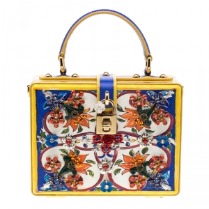 Pre Owned Dolce and Gabbana Multicolor Majolica Print Crystal Embellished Leather Box Pad lock Top Handle Bag 