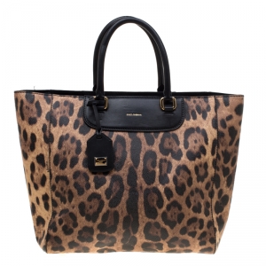 مملوكة مسبقًا Dolce and Gabbana Black/Brown Leopard Print Leather Lucia Shopper Tote