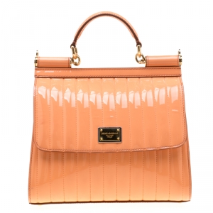 Pre Owned Dolce and Gabbana Peach Patent Leather Medium Miss Sicily Satchel