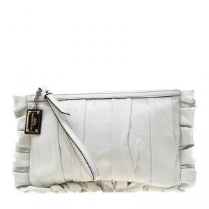 Pre Owned Dolce and Gabbana White Pleated Leather Ruffle Wristlet Clutch