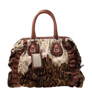 Pre Owned Dolce and Gabbana Brown/Beige Velvet and Leather Satchel