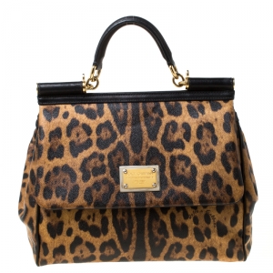 Pre Owned Dolce and Gabbana Leopard Print Coated Canvas and Leather Large Miss Sicily Top Handle Bag 