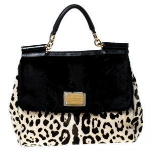 Pre Owned Dolce and Gabbana Black/White Leopard Print and Calf Hair Miss Sicily Top Handle Bag