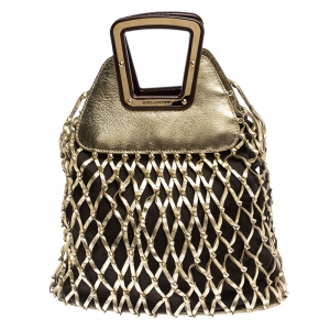 Pre Owned Dolce and Gabbana Gold Cage Leather and Canvas Cut Out Top Handle Bag