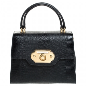 مملوكة مسبقًا Dolce and Gabbana Black Lizard Embossed Leather Welcome Top Handle Bag