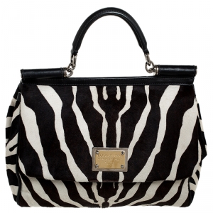 مملوكة مسبقًا Dolce and Gabbana Brown/Black Zebra Print Calfhair and Leather Large Miss Sicily Top Handle Bag