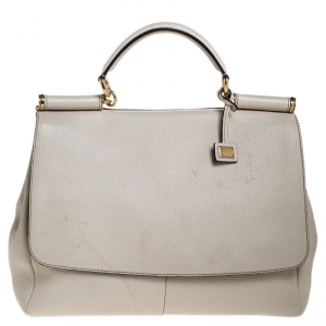 Pre Owned Dolce & Gabbana Cream Leather Flap Top Handle Bag