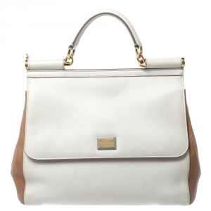 مملوكة مسبقًا حقيبة دولتشي أند غابانا ميس سيسيلي كبيرة يد علوية جلد كريمي و بيج