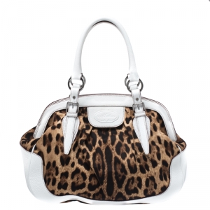 Pre Owned Dolce and Gabbana White/Brown Leopard Print Canvas and Leather Frame Satchel
