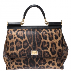 Pre Owned Dolce & Gabbana Leopard Print Coated Canvas and Leather Large Miss Sicily Top Handle Bag
