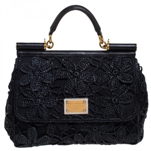 Pre Owned Dolce & Gabbana Black Crochet Straw/Canvas and Leather Large Miss Sicily Top Handle Bag