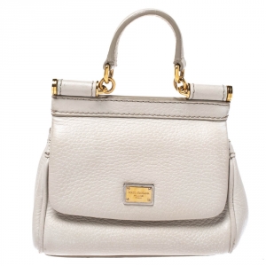 Pre Owned Dolce & Gabbana Off White Leather Micro Miss Sicily Top Handle Bag