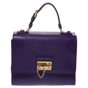 Pre Owned Dolce & Gabbana Purple Lizard Embossed Leather Medium Miss Monica Top Handle Bag