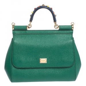 Pre Owned Dolce & Gabbana Green Embellished Handle Leather Medium Miss Sicily Top Handle Bag