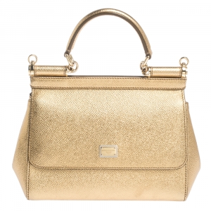 Pre Owned Dolce & Gabbana Gold Leather Small Miss Sicily Top Handle Bag