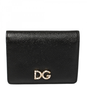 مملوكة مسبقًا Dolce & Gabbana Black Leather Crystal Embellished Logo Compact Wallet