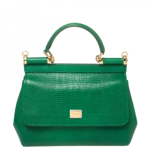 Dolce and Gabbana Green Lizard Embossed Leather Small Miss Sicily Top Handle Bag