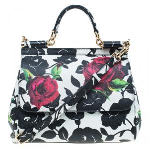 Pre Owned Dolce and Gabbana Black/White Leather Medium Rose Print Miss Sicily Tote