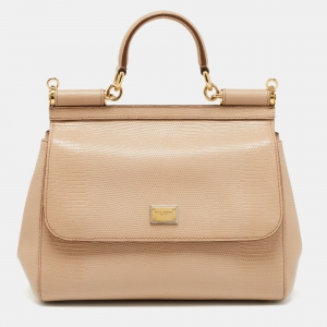 Pre Owned Dolce & Gabbana Beige Iguana Embossed Leather Medium Miss Sicily Top Handle Bag