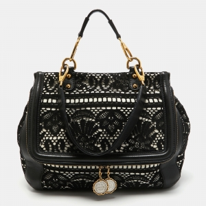 Pre Owned Dolce & Gabbana White/Black Crochet and Leather Miss Sicily Top Handle Bag