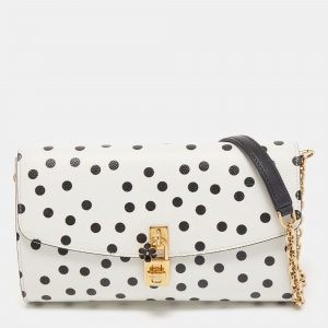 Pre Owned Dolce & Gabbana White/Black Polka Dot Leather Padlock Chain Clutch