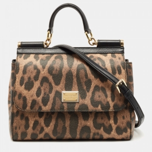 Dolce & Gabbana Black/Brown Leopard Print Coated Canvas and Leather Medium Miss Sicily Top Handle Bag
