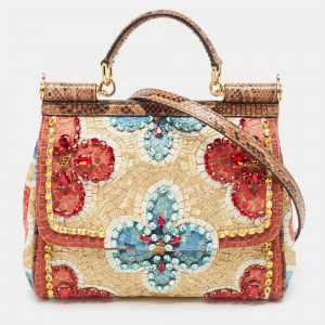 Dolce & Gabbana Multicolor Embroidered and Python Crystal Medium Miss Sicily Top Handle Bag