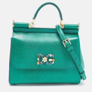 Dolce & Gabbana Green Lizard Embossed Leather Crystal DG Logo Medium Miss Sicily Bag