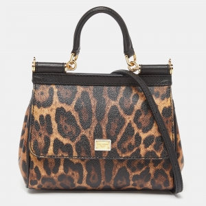 Pre Owned Dolce & Gabbana Brown/Black Leopard Print Coated Canvas and Leather Small Miss Sicily Top Handle Bag