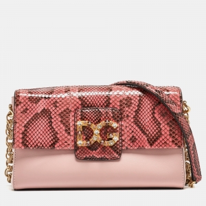 Pre Owned Dolce & Gabbana Pink Leather And Snakeskin DG Millenials Crossbody Bag