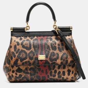 Pre Owned Dolce & Gabbana Black/Brown Leopard Print Coated Canvas Small Miss Sicily Top Handle Bag