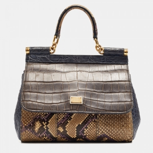 Pre Owned Dolce & Gabbana Multicolor Mixed Exotic and Leather Small Miss Sicily Top Handle Bag
