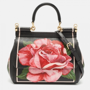 Dolce & Gabbana Black Leather Small Sicily Rose Top Handle Bag