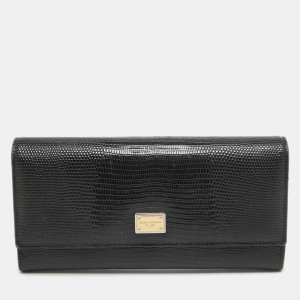 Dolce & Gabbana Black Lizard Embossed Leather Flap Continental Wallet
