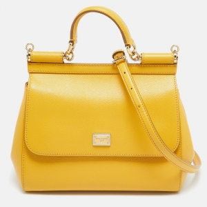 Pre Owned Dolce & Gabbana Yellow Leather Medium Miss Sicily Top Handle Bag