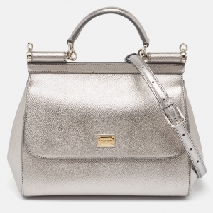 Pre Owned Dolce & Gabbana Metallic Grey Leather Medium Miss Sicily Top Handle Bag