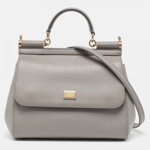 Pre Owned Dolce & Gabbana Grey Leather Medium Miss Sicily Top Handle Bag