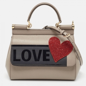 Pre Owned Dolce & Gabbana Grey Leather Small Love Sicily Top Handle Bag