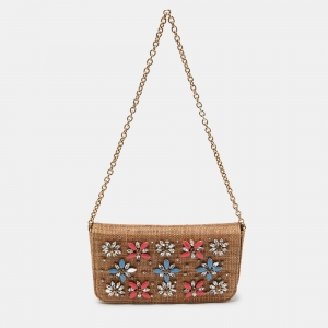 Dolce & Gabbana Beige Raffia Crystal Embellished Chain Clutch
