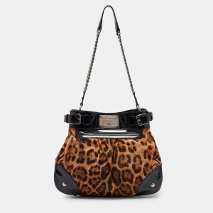 Dolce & Gabbana Black/Brown Leopard Calfhair and Patent Leather Miss Silky Hobo