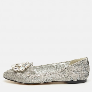 Dolce & Gabbana Silver Lace Crystal Embellished Taormina Ballet Flats Size 37
