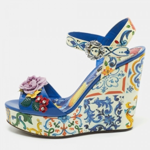 Dolce & Gabbana Multicolor Floral Patent Leather Wedge Platform Ankle Strap Sandals Size 37