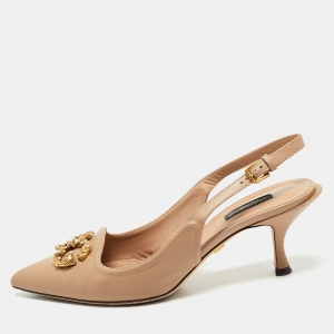 Dolce & Gabbana Beige Leather DG Amore Logo Embellished Slingback Sandals Size 39.5