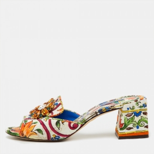 Pre Owned Dolce & Gabbana Multicolor Printed Fabric Crystal Embellished Slide Sandals Size 41