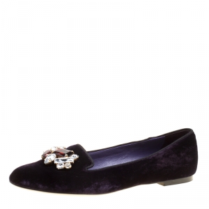 Dolce and Gabbana Purple Velvet Crystal Embellished Smoking Slippers Size 38
