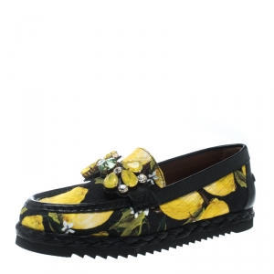 Pre Owned Dolce and Gabbana Lemon Print Crystal Embellished Espadrillle Moccasins Size 36.5