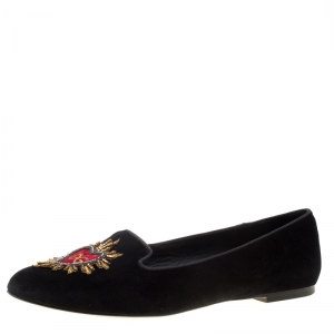 Pre Owned Dolce and Gabbana Black Embroidered Velvet Smoking Slippers Size 39.5